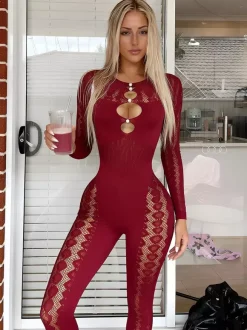 Women Wine Red Black Floral Lace Mesh Long Sleeve Catsuit Front Cutout See Through Body Stocking