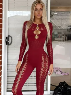Women Wine Red Black Floral Lace Mesh Long Sleeve Catsuit Front Cutout See Through Body Stocking