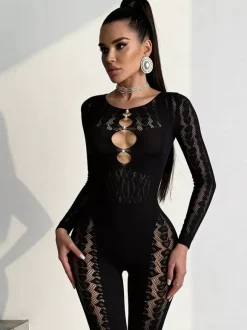 Women Wine Red Black Floral Lace Mesh Long Sleeve Catsuit Front Cutout See Through Body Stocking