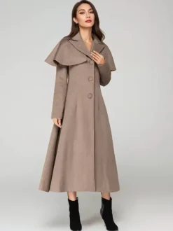 Wool Blend Coat With Cape Classic Lapel Elegant Camel Winter long Outerwear For Women 2026