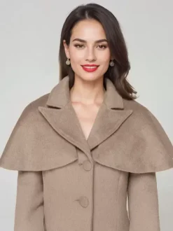 Wool Blend Coat With Cape Classic Lapel Elegant Camel Winter long Outerwear For Women 2026