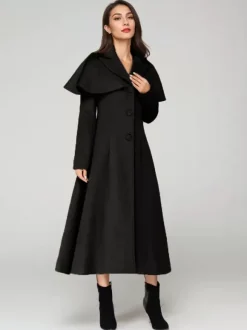 Wool Blend Coat With Cape Classic Lapel Elegant Camel Winter long Outerwear For Women 2026