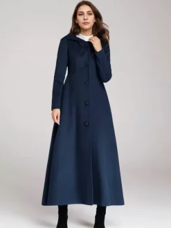 Wool Blend Coat With Hood Dark Navy A-line Flared Maxi Outerwear For Women 2026