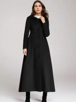 Wool Blend Coat With Hood Dark Navy A-line Flared Maxi Outerwear For Women 2026