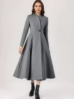 Wool Blend Flared Coat For Woman One Button Gray A-line Winter Midi Outerwear 2026