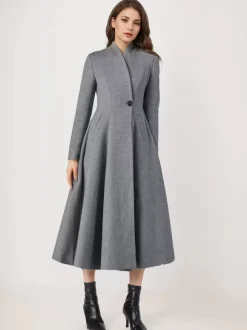 Wool Blend Flared Coat For Woman One Button Gray A-line Winter Midi Outerwear 2026