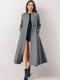 Wool Blend Flared Coat For Woman One Button Gray A-line Winter Midi Outerwear 2026
