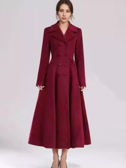 Wool Blend Flared Coat For Women Dark Navy Double-breasted Wide Lapel A-line Winter Outerwear 2026