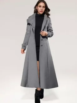 Wool Blend Long Coat A-line Flared Stand Collar Elegant Gray Vintage Winter Outerwear For Women 2026