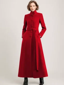 Wool Blend Long Coat Black Belted Stand Collar Winter Full Length Outerwear For Women 2026