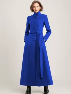 Wool Blend Long Coat Black Belted Stand Collar Winter Full Length Outerwear For Women 2026
