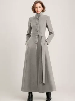 Wool Blend Long Coat Black Belted Stand Collar Winter Full Length Outerwear For Women 2026