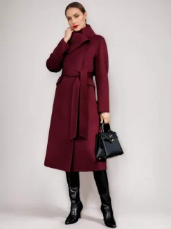 Wool Cashmere Blend Coat For Woman Winter Red Belted Double-Faced Wrap Outerwear 2026