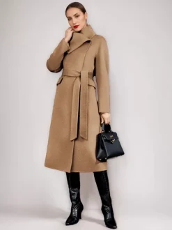 Wool Cashmere Blend Coat For Woman Winter Red Belted Double-Faced Wrap Outerwear 2026