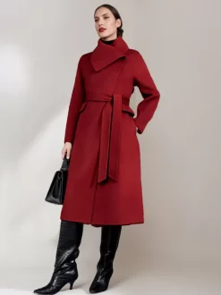 Wool Cashmere Blend Coat For Woman Winter Red Belted Double-Faced Wrap Outerwear 2026