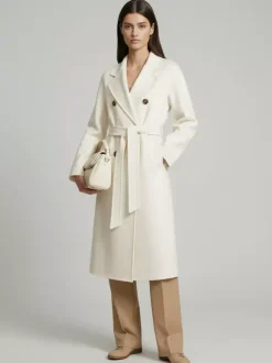 Wool Cashmere Blend Vintage A-line Coat With Classic Lapel And Belt For Women 2026