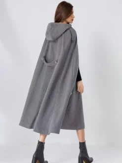 Wool Blend Cape Coat For Women Hooded Gray Oversized Long Poncho Outerwear 2026