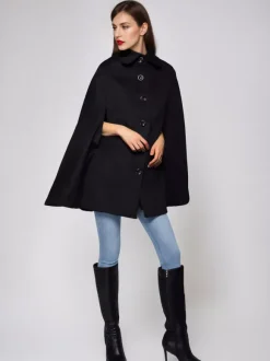 Wool Blend Cape Coat Turndown Collar Black Poncho Oversized Outerwear For Women 2026
