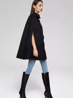 Wool Blend Cape Coat Turndown Collar Black Poncho Oversized Outerwear For Women 2026