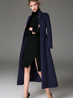 Wool Blend Coat Burgundy Belted Stand Collar Slim Fit Winter Outerwear For Women In Solid Color 2026