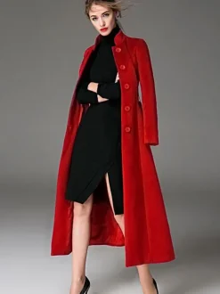 Wool Blend Coat Burgundy Belted Stand Collar Slim Fit Winter Outerwear For Women In Solid Color 2026