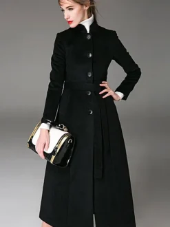 Wool Blend Coat Burgundy Belted Stand Collar Slim Fit Winter Outerwear For Women In Solid Color 2026