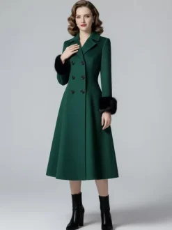 Wool Blend Double-breasted Midi Flared Coat with black Faux Fur Cuffs For Women 2026