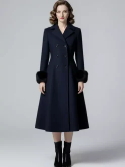 Wool Blend Double-breasted Midi Flared Coat with black Faux Fur Cuffs For Women 2026