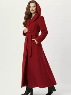 Wool Blend Maxi Hooded Coat With Double-Breasted Design For Women 2026