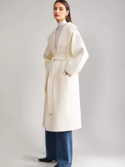 Wool Cashmere Blend Coat White Wide Lapel Double-Faced Belted Winter Outerwear For Women 2026