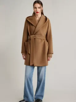 Wool Cashmere Blend Coat With Hood Camel Belted Double-Faced Short Wrap Coat For Women 2026