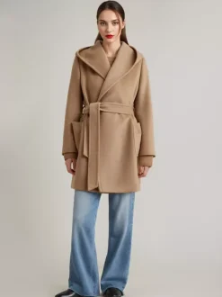 Wool Cashmere Blend Coat With Hood Camel Belted Double-Faced Short Wrap Coat For Women 2026