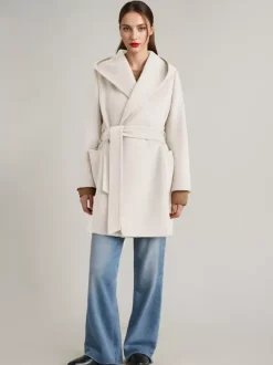 Wool Cashmere Blend Coat With Hood Camel Belted Double-Faced Short Wrap Coat For Women 2026
