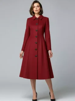 Woolen A-Line Midi Coat With Shirt Collar For Women 2026