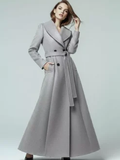 Woolen Belted Maxi Coat With Shawl Collar And Double-breasted For Women 2026
