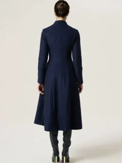 Woolen Flared Coat For Woman Stand Collar A-line Elegant Dark Navy Winter Midi Outerwear 2026