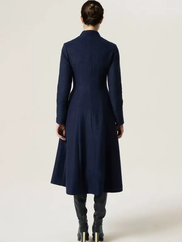 Woolen Flared Coat For Woman Stand Collar A-line Elegant Dark Navy Winter Midi Outerwear 2026