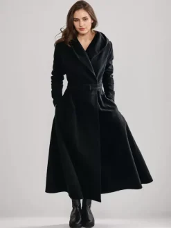 Woolen Flared Coat With Hood Vintage Belted A-line Winter Long Outerwear For Women 2026