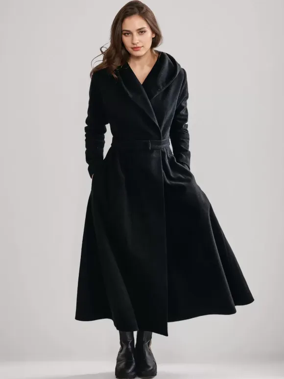 Woolen Flared Coat With Hood Vintage Belted A-line Winter Long Outerwear For Women 2026