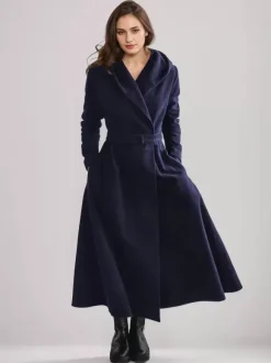 Woolen Flared Coat With Hood Vintage Belted A-line Winter Long Outerwear For Women 2026