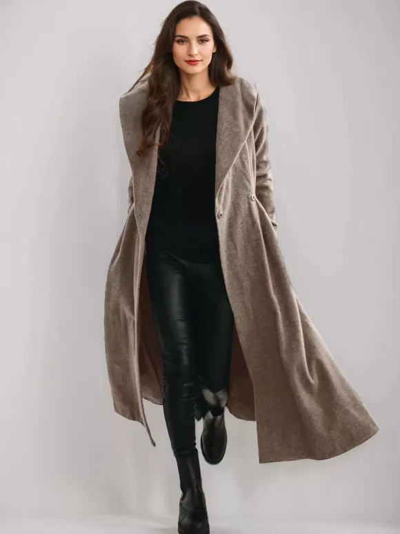 Woolen Flared Coat With Hood Vintage Belted A-line Winter Long Outerwear For Women 2026