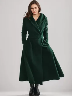 Woolen Flared Coat With Hood Vintage Belted A-line Winter Long Outerwear For Women 2026