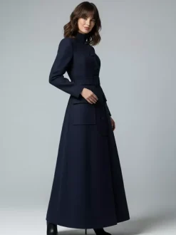 Woolen Full-Length Maxi Coat With Stand Collar And Flap Pockets For Women 2026