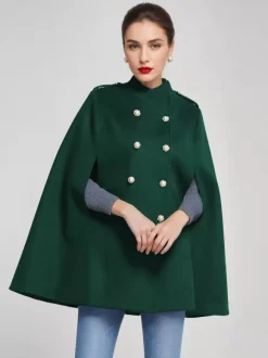 Woolen Cape Coat For Women Stand Collar Dark Navy Double-breasted Winter Poncho Outerwear 2026