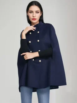 Woolen Cape Coat For Women Stand Collar Dark Navy Double-breasted Winter Poncho Outerwear 2026