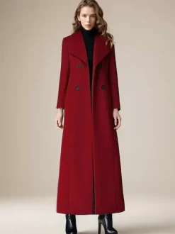 Woolen Coat For Women Turndown Collar Double-breasted Full Length Retro Wrap Coat Winter Outerwear 2026
