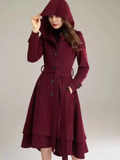 Woolen Flared Coat For Woman Hooded Belted A-line Vintage Winter Midi Outerwear 2026