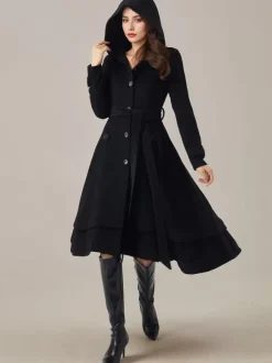 Woolen Flared Coat For Woman Hooded Belted A-line Vintage Winter Midi Outerwear 2026