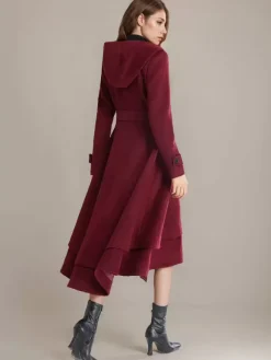 Woolen Flared Coat For Woman Hooded Belted A-line Vintage Winter Midi Outerwear 2026