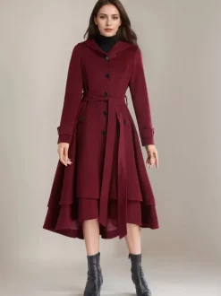 Woolen Flared Coat For Woman Hooded Belted A-line Vintage Winter Midi Outerwear 2026